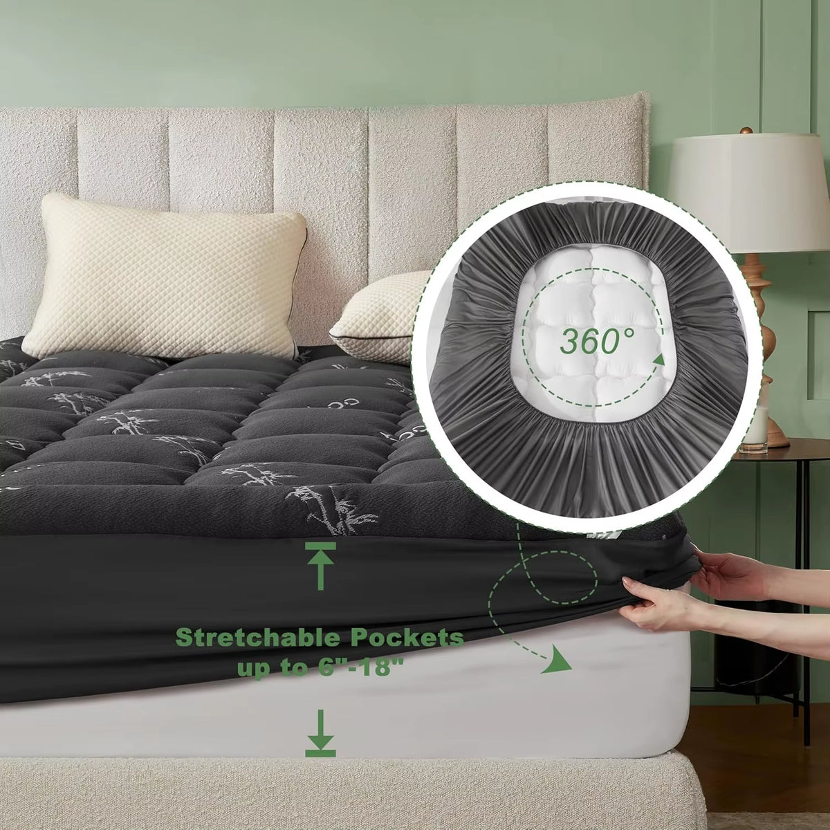 Rayon Derived Bamboo Bed Mat Mattress Topper with Deep Pockets Soft Breathable Back Pain Relief for Home & Hospital Use