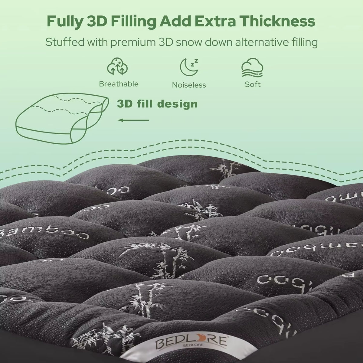 Rayon Derived Bamboo Bed Mat Mattress Topper with Deep Pockets Soft Breathable Back Pain Relief for Home & Hospital Use