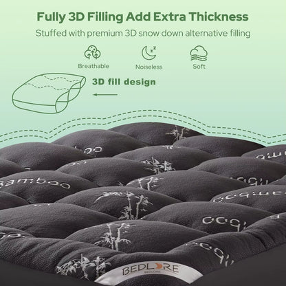 Rayon Derived Bamboo Bed Mat Mattress Topper with Deep Pockets Soft Breathable Back Pain Relief for Home & Hospital Use