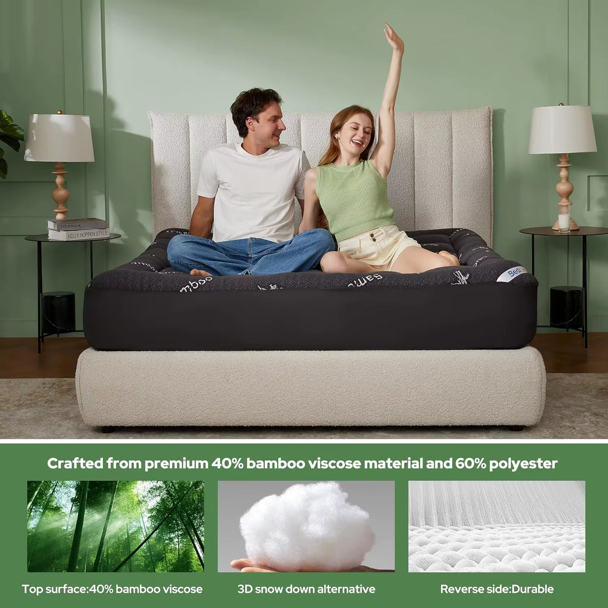 Rayon Derived Bamboo Bed Mat Mattress Topper with Deep Pockets Soft Breathable Back Pain Relief for Home & Hospital Use