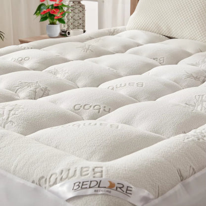 Rayon Derived Bamboo Bed Mat Mattress Topper with Deep Pockets Soft Breathable Back Pain Relief for Home & Hospital Use